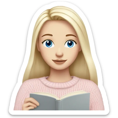 Pretty blue eyed white girl with light pink sweater reading cozy sticker