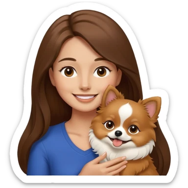 Create a high-quality emoji illustration of a woman with long brown hair, smiling, holding a small Pomeranian dog. The dog’s face is mostly black with a white line centered from the nose to the mouth. Minimalist emoji style, smooth lines, bright but natural colors.” sticker