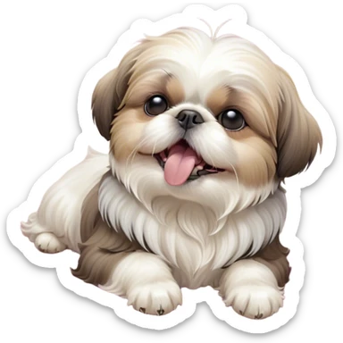 Cinematic Cute Yawning Shih Tzu Portrait Emoji, Head gently tilted with an irresistibly cute yawn and sleepy, half-closed eyes, showcasing a luxurious, fluffy fur in gentle pastel tones, simplified yet endearingly detailed, glowing with a soft, drowsy radiance, high shine, exuding tender, sleepy charm, styled with a delicate, soft glowing outline, capturing the essence of a Shih Tzu caught in a moment of adorable, sleepy bliss! sticker