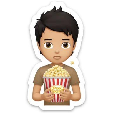 generate a pretty tan bratz boy with a brown tshirt on. eating a popcorn. messy black hair sticker