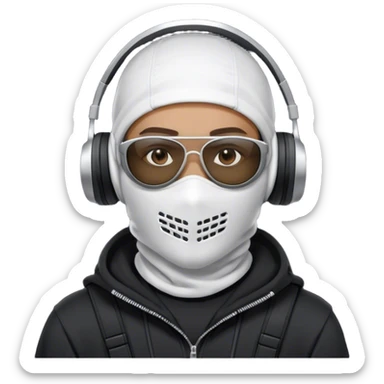 Futuristic special forces soldier wearing a white full-face balaclava, black wraparound sunglasses (only one pair of glasses), and a high-tech military headset with a microphone. Dressed in a dark hoodie. sticker