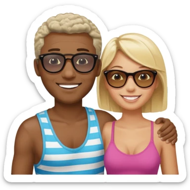 Black man with short salt n pepper hair with younger blonde  both smiling on beach   sticker