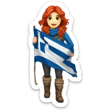 Greek Female winter mountaineer red hair white skin climbing with Greek Flag and Easter eggs basket sticker