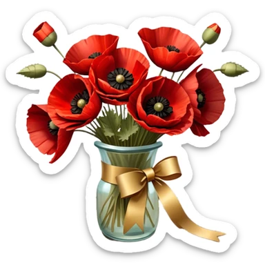 A lush bouquet of deep red poppies tied with a faded gold ribbon, resting on an antique wooden table. Warm brown leaves and golden sunlight add a vintage charm. sticker