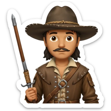 A 17th-century Brazilian frontiersman exploring the wilderness, wearing worn leather clothing, a wide-brimmed hat, carrying a musket and a machete, walking through dense tropical forest with dramatic natural lighting, realistic historical details, cinematic style, high resolution. sticker