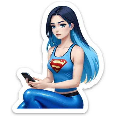 Shameful disappointed crying-very very very very big chest-texting on a samsung cell phone-very long straight flowing black to sky blue hair ombre-blue eyes-black eyeliner-long eyelashes-plastic sparkling sky blue very low cut tank top with sparkling superman logo-black leggings-nike sneakers sticker