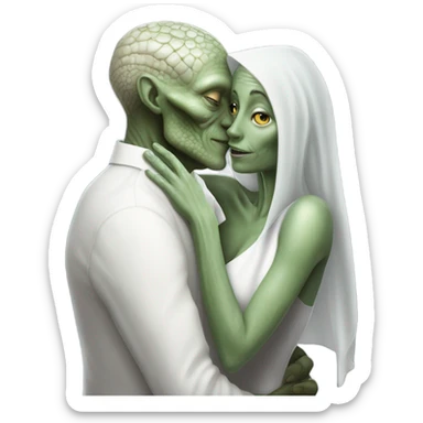Alien reptilian woman in white dress hugs and kissing "white male human man" sticker