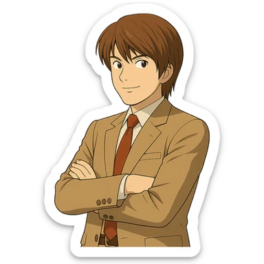 Make this exact Light Yagami in Ghibli style, standing with his arms crossed and body slightly turned to the left, same suit, same confident expression. Match the face, hair, and suit details exactly to the reference. Transparent background. sticker