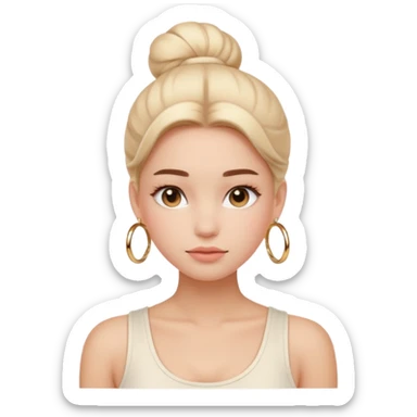 “Emoji girl, flawless skin, light peach blush, natural fluffy brows, glossy nude lips, sleek low bun, small gold hoops, minimalist white tank top.” sticker