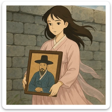 a young woman in a pale pink sheer hanbok holding a traditional Korean portrait in front of a grey stone wall, subtle wind moving her dress and hair, ghibli style sticker