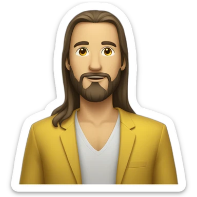 A man with long hair, a beard and a black shirt behind a yellow suit sticker