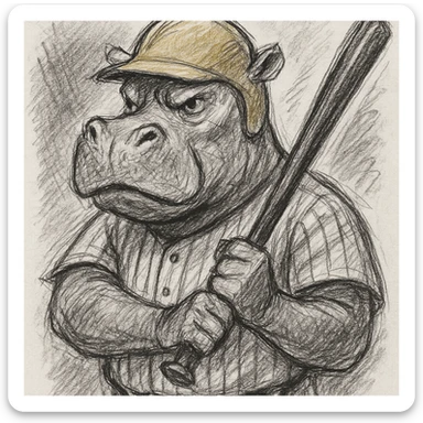 hippo holding a baseball bat, wearing a yellow helmet, pinstripes outfit sticker