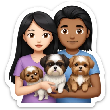 A beautiful Asian girl with long black hair is holding a Yorkshire Terrier. She is standing next to her brown skinned boyfriend, who is holding a Shih Tzu. They are each holding one dog each sticker