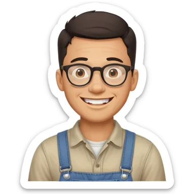 smiling dark-haired man with glasses, big teeth, standard male haircut, rural farmer sticker