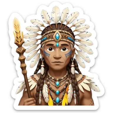 Tribal shaman silhouette with staff and feathers, spiritual aura, sacred geometry glow behind, powerful stance sticker