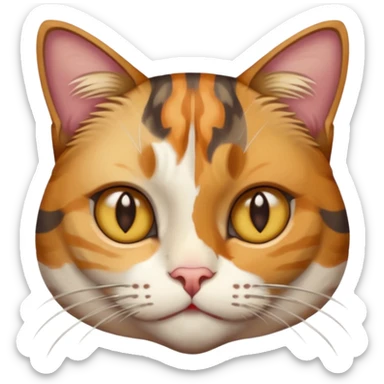 full body anxious looking colourful light calico tabby cat with hazel eyes  and half of face in brown tabby sticker