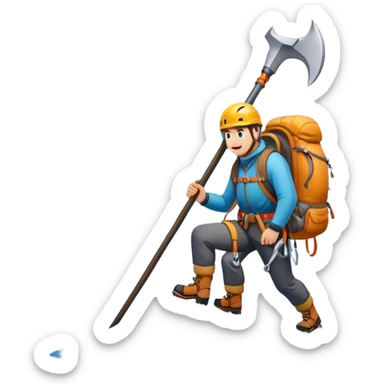 Icon for Mountain Tourism and Climbing: a mountain peak in the background, an ice axe, and climbing gear and backpack. The icon should capture the adventure and challenge of alpine exploration. Transparent background. sticker