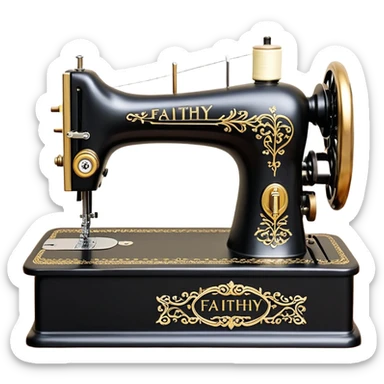 A stylish and elegant 3D logo design featuring a vintage sewing machine in a metallic black and gold finish. The sewing machine is detailed with realistic knobs, thread spools, and intricate parts, giving it a classic and luxurious feel. Engraved on the body of the sewing machine is the text "Faithy Stitches" in a sleek, elegant font. Below the machine, the brand name "Faithy Stitches" is prominently displayed in large, flowing cursive gold letters, with a tagline underneath that reads "STYLES IN ELEGANCE" in uppercase, modern serif font. The entire logo is set against a smooth, softly-lit background, giving it a professional, high-end appearance suitable for a fashion or tailoring brand. sticker