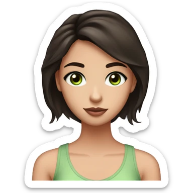 A teen girl with dark coffee brown hair, green doe eyes and big eyelashes. She is wearing a light pink tank top with a v neck like. She resembles Aria from pretty little liars  sticker