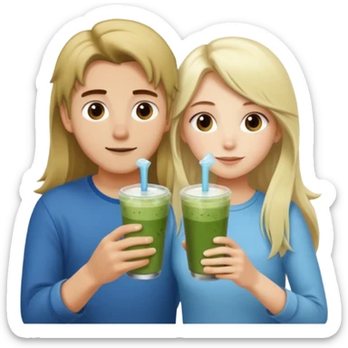 light blonde with long hair luxury girl and brown hair boy drinking ice matcha latte together sticker