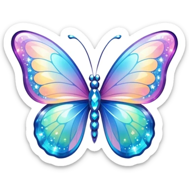 Transparent Shiny Glossy Pastel Gradient Hue Iridescent Crystal Butterfly with bright sparkles and sparkling glitter swirling around it sticker