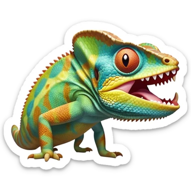cinematic giant-yawning chameleon-realistic emoji, mouth wide open with tongue out, -blending-with-vibrant-greenery.-detailed-scales-in-shifting-colors,-showing-the-chameleon’s-ability-to-camouflage.-soft-natural-light-highlights-its-texture.-light-background, zoomed into its face sticker