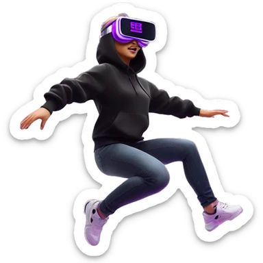 Russian girl wearing black hoody with violet letters "OMG", in vr headset oculus quest2. jumping. Cyberpunk style. Violet neon. sticker