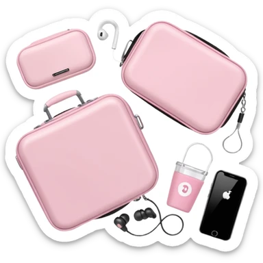 Travel accessories flatlay: pastel pink luggage scale, earbuds case, clear water cup, soft fabric sticker