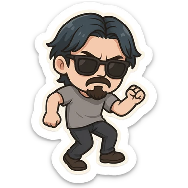 a dark brooding hipster with electric dark blue hair, surfer middle part, chin length hair, classic neat trimmed bushy goatee, black classic rayban shades, plain gray t-shirt, doing the shuffle dance, step shuffle tiktok dance, 1980's dance sticker