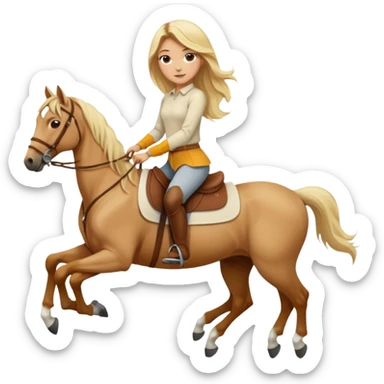 Tan girl with long blonde hair wearing a cream colored long sleeve shirt and riding pants on top of a brown horse with 4 legs sticker