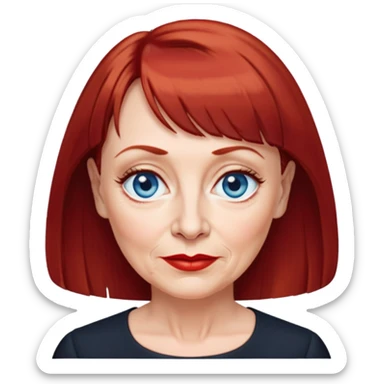 Older woman in her early 60s with fair skin, wider oval face, noticeable age lines, blue eyes, thin eyebrows, small nose, red lips, dark red hair with straight bangs, wearing a black blouse sticker