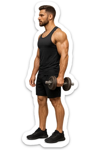 uomo fitness di profilo a figura intera con manubrio da palestra in mano, iperrealistico 4k sticker