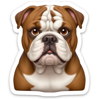 Cinematic Noble Brown and White English Bulldog Portrait Emoji, Poised and regal, with a robust, muscular build and a short, well-groomed coat of rich brown and white, deep-set soulful brown eyes, Simplified yet sharp and sophisticated features, highly detailed, glowing with a soft, dignified glow, high shine, intelligent and steadfast, stylized with an air of authority, focused and attentive, soft glowing outline, capturing the essence of a watchful and confident guardian, so majestic it feels as though it could lumber out of the screen with effortless authority! sticker