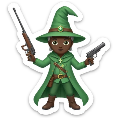 A wizard 🧙 wearing green clothes, with black skin, holding a pistol 🔫 and a rifle sticker