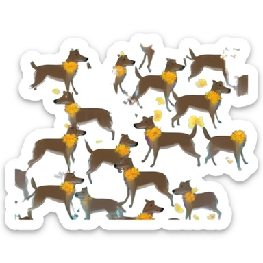  brindle brown black maroon striped lurcher Alsatian fox running blue eyes and iridescent holographic oilslick harness wearing paper iridescent tropical flower crown yellow caution tape sticker