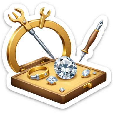 Create a bright and detailed icon representing jewelry art and the craft of making jewelry. The design should feature elements like a sparkling diamond, a gold ring, a jeweler’s tools (such as pliers and a workbench), and some delicate detailing that conveys craftsmanship and luxury. The icon should be clean, vibrant, and visually striking, with a balance of sophistication and creativity. sticker