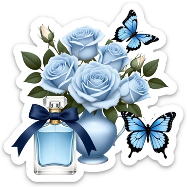 A bouquet of pale blue Ascott tea roses next to a navy aesthetic and a blue beautiful butterfly and a navy silk ribbon and a beautiful flacon of aesthetically pleasing vintage-style perfume in pearl color sticker