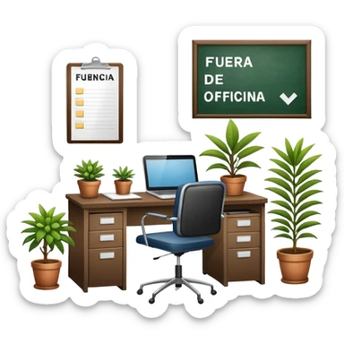 imagen de una oficina moderna con escritorio, silla, notebook, agenda y una planta con un cartel que diga en español FUERA DE OFICINA sticker