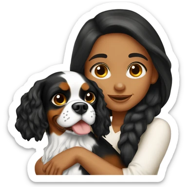 a beautiful brunette girl hugging a cavalier king charles spaniel  sticker
