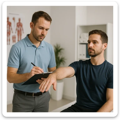 realistic kinesiologist observing and noting results of kinesiological evaluation on a patient in a clinical environment, professional details, inspired by reference photo https://attic.sh/r66tucayi7ewfjges2vhulor9bux sticker