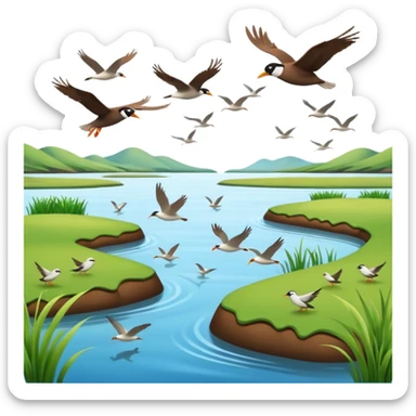 A 3D cartoon estuary with birds flying over shallow water and grassy banks, calm mood, Memoji-style realism. sticker