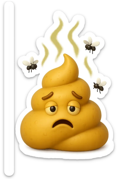 emoji stile iphone 3d di cacca gialla e liquida che emana fumi e cattivo odore, mosche gli girano intorno, iperrealistiche 4k sticker