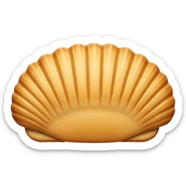 A madeleine pastry. Oval seashell shape with ONLY four to five vertical lines going in the same direction. Light golden brown. Scalloped edge. Cookie. Flat. Long. Oval shape. Lets scallops. Only four or five scalloped lines. Oblong shape. More length. Less roundness. sticker