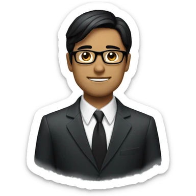 A man with glasses and a suit with straight black hair and a dark face sticker