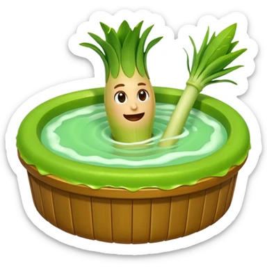 Create a 3D emoji of a relaxed leek in a jacuzzi filled with a slightly lumpy, yellowish-brown sauce sticker