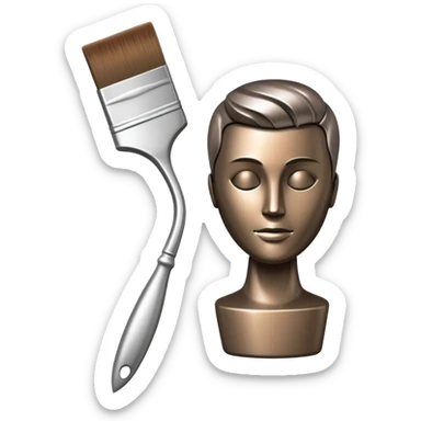 A paintbrush that transforms into a human metal silhouette sculpture, symbol of artistic identity, with a bronze or silver metallic finish sticker
