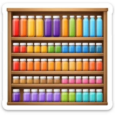 "Each product is stocked in multiple units placed directly behind one another on the same shelf, forming deep horizontal lines of identical items, while different product types are arranged vertically in separate columns." sticker