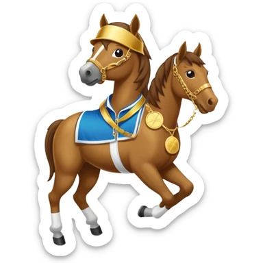 friendly anthropomorphised horse in a hip-hop outfit, wearing a gold medal sticker