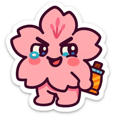 baby pink cherry blossom flower with teary eyes and a mischievous smile, hiding snacks behind its back, soft chubby body, kawaii face, vibrant-toon style sticker
