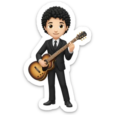 A white boy with black fade curly hair Smiling and holdijg a guitar in a black suit  sticker